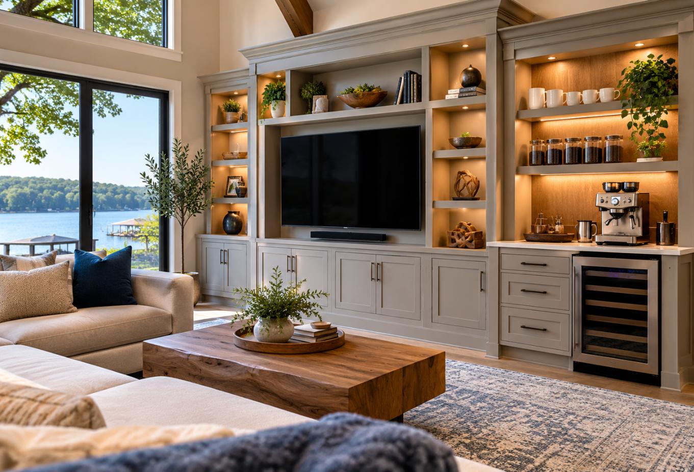 Custom built-in entertainment center and integrated coffee bar in a luxury Lake Lanier living room overlooking the water.