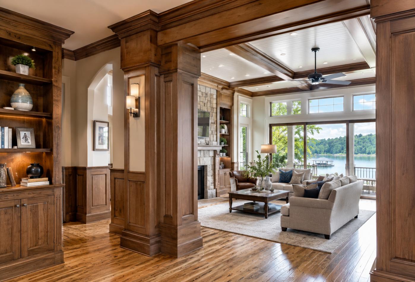 Lakeside Living Room With Elegant Woodwork