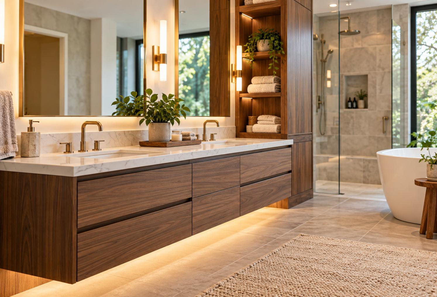 Custom floating wood double vanity with integrated storage, marble countertops, and modern fixtures in a luxury Gainesville, GA bathroom remodel.